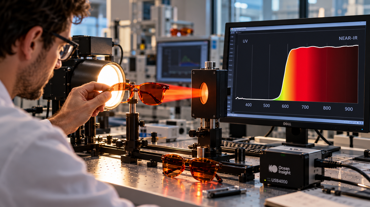 Bar charts comparing blue light and near-infrared transmission across BioSpectral and seven competitor blue-light-blocking lenses, independently tested by Optimize Your Biology using 350-950nm spectrometer testing.