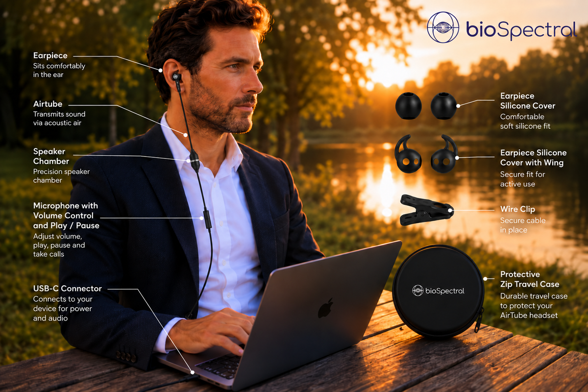 Man wearing BioSpectral BioBuds AirTube earbuds while working on a laptop outdoors, with earpiece, airtube, speaker chamber, microphone, and USB-C connector labeled