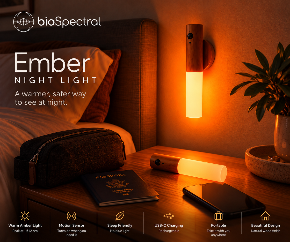BioSpectral Ember Night Light packed as part of a travel kit beside luggage