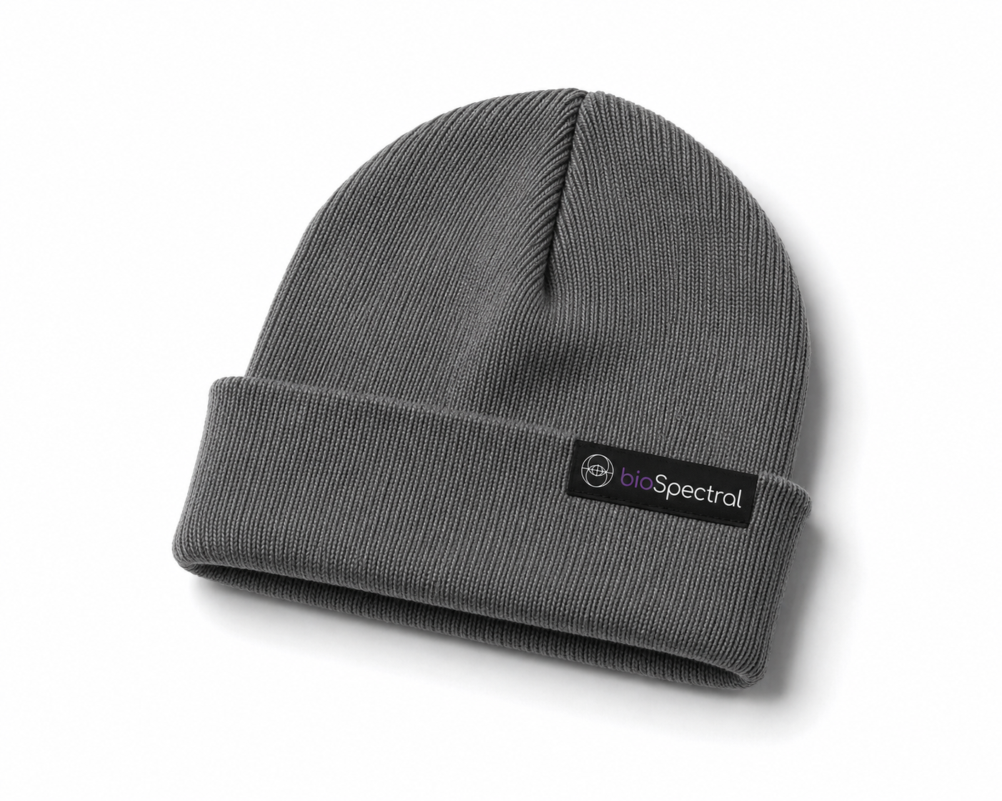 BioSpectral Signal Shield Beanie interior silver-fiber shielding lining detail, showing 100% silver shielding material and blocked signal types: cell towers, 4G/5G, WiFi, StarLink, Bluetooth