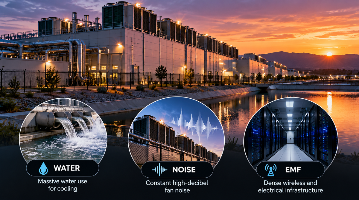 BioSpectral Systems Learning Hub article image: "Data Center Infrastructure: Water, Noise, and Health Risks" — environmental health impact of data center infrastructure