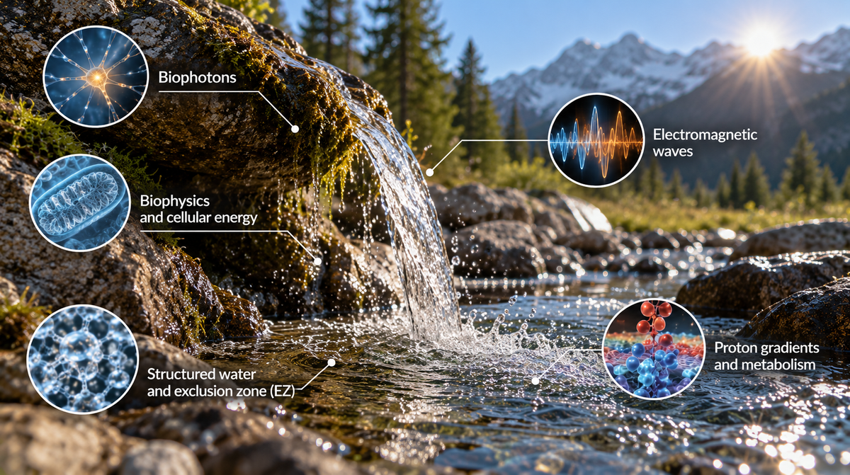 BioSpectral Systems Learning Hub article image: "Structured Water Explained: Physics of Living Systems" — coherent-domain water, metabolic water, and the infrared physics of living systems
