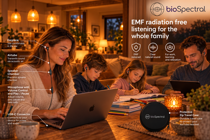Family wearing BioSpectral BioBuds AirTube earbuds at home — EMF radiation free listening for the whole family