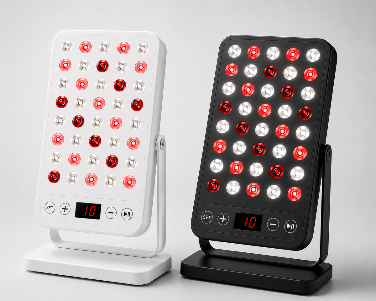 BioSpectral Full Spectrum + Infrared Light Panel, white and black versions side by side