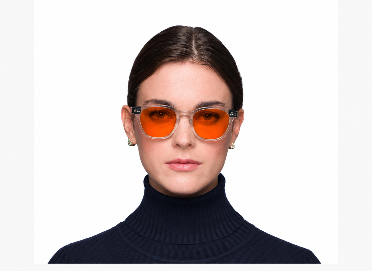 BioSpectral Systems Zoe Quartz (Night) nighttime blue light filtering glasses, lifestyle model photo