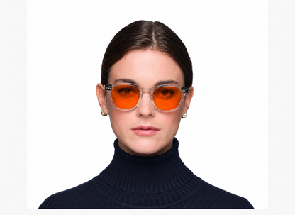 BioSpectral Systems Zoe Quartz (Night) nighttime blue light filtering glasses, lifestyle model photo