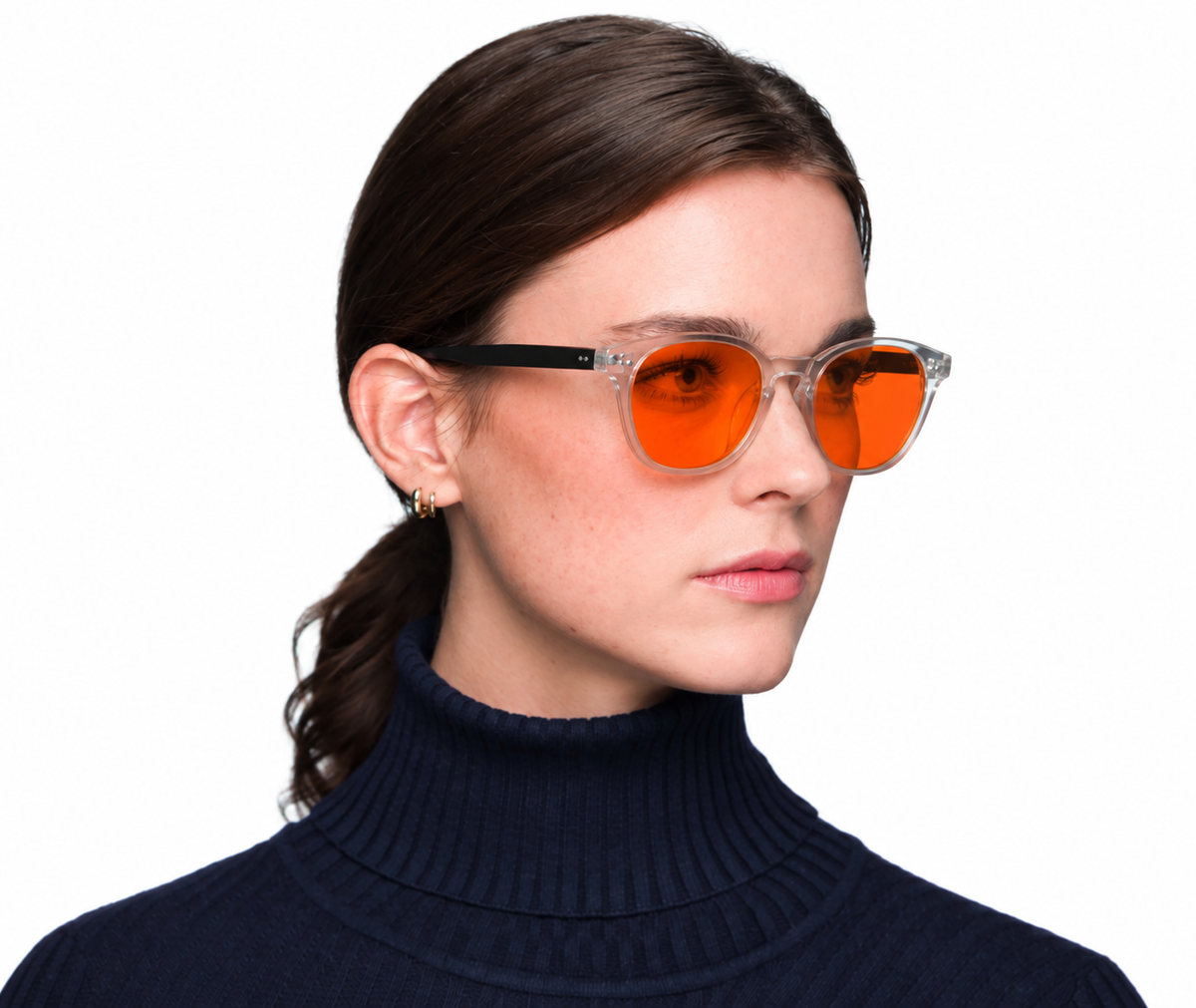 BioSpectral Systems Zoe Quartz (Night) nighttime blue light filtering glasses, lifestyle model photo