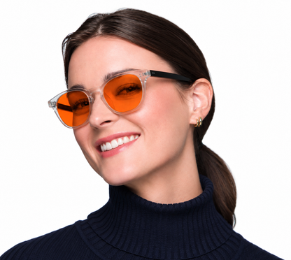 BioSpectral Systems Zoe Quartz (Night) nighttime blue light filtering glasses, lifestyle model photo