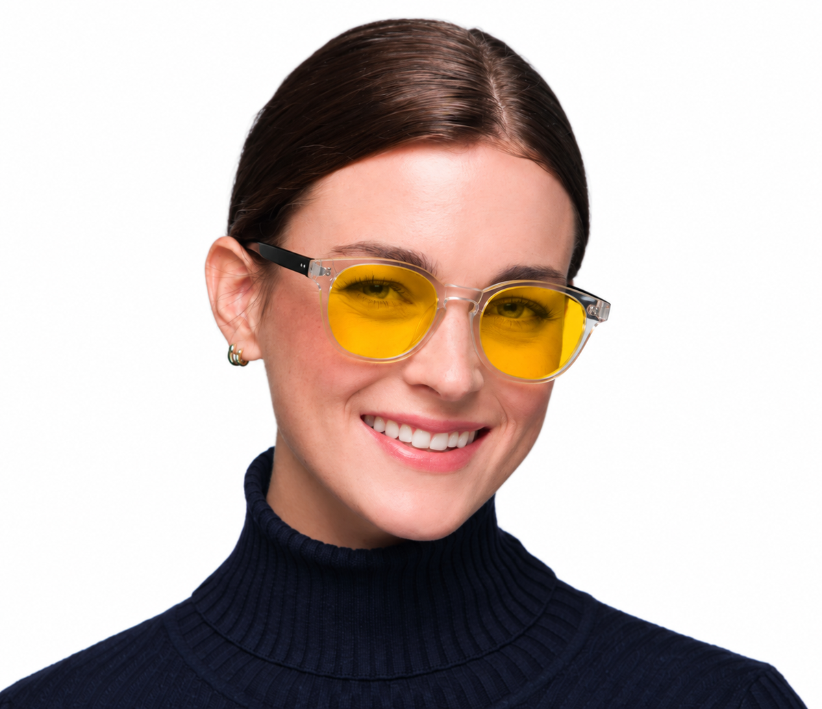 BioSpectral Systems Zoe Quartz (Day) daytime blue light filtering glasses, lifestyle model photo