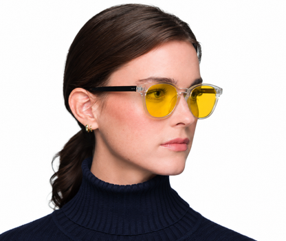 BioSpectral Systems Zoe Quartz (Day) daytime blue light filtering glasses, lifestyle model photo
