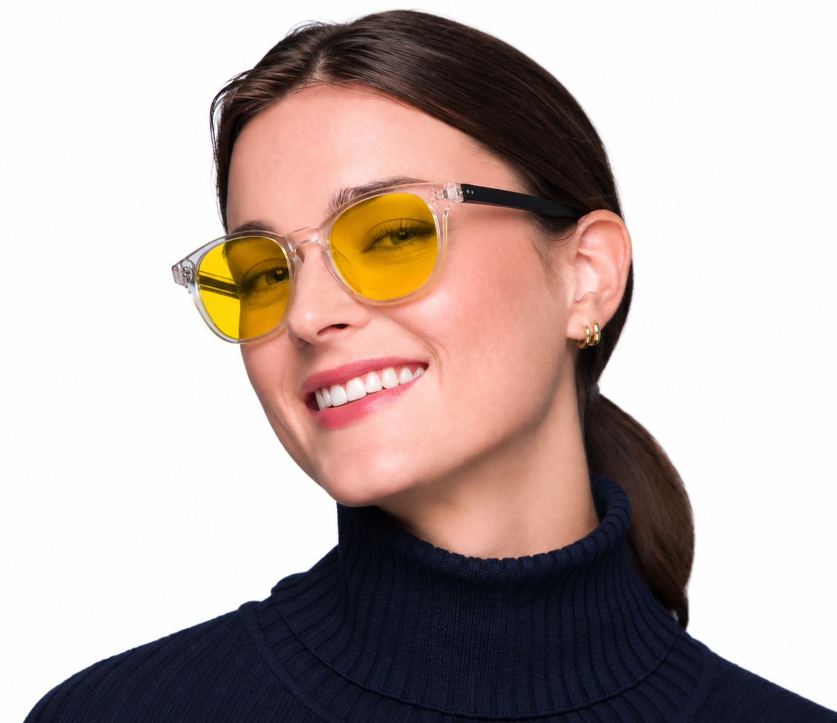 BioSpectral Systems Zoe Quartz (Day) daytime blue light filtering glasses, lifestyle model photo