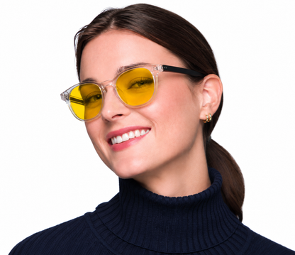 BioSpectral Systems Zoe Quartz (Day) daytime blue light filtering glasses, lifestyle model photo