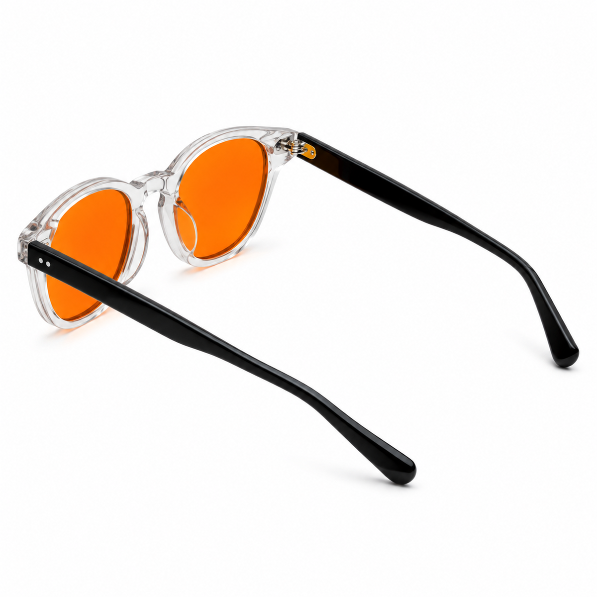 BioSpectral Systems Zoe Quartz (Night) nighttime blue light filtering glasses, detail view of frame and lens